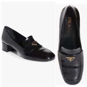 Prada Black Leather Loafers with Gold Accent